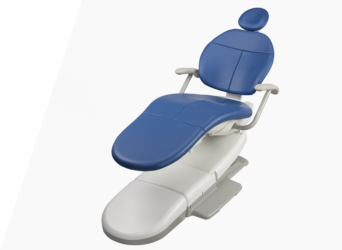 A-dec 300 dental chair with blue formed upholstery on a gray diagonal background
