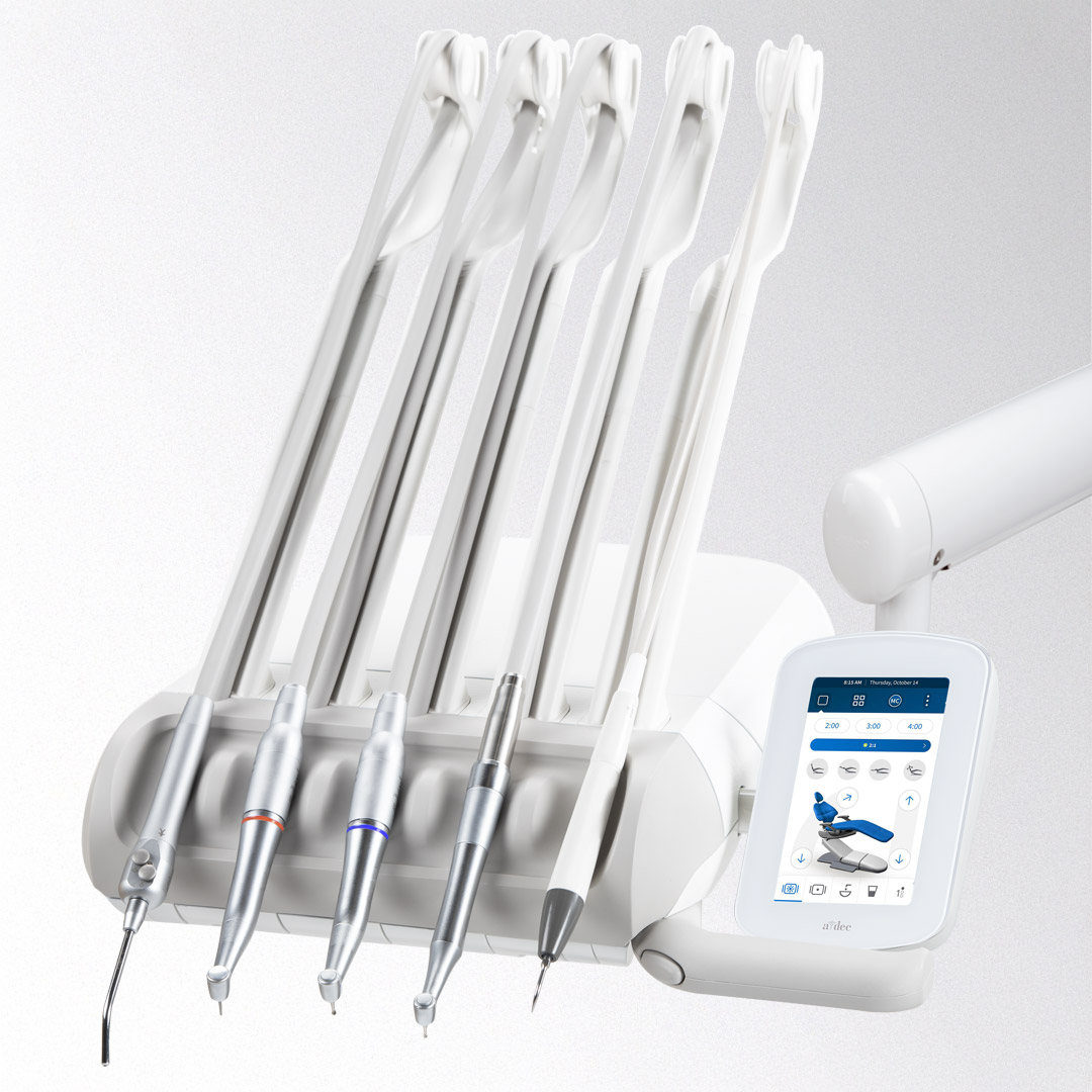 A-dec 300 Pro delivery system with Continental-style whip arms supporting dental handpieces
