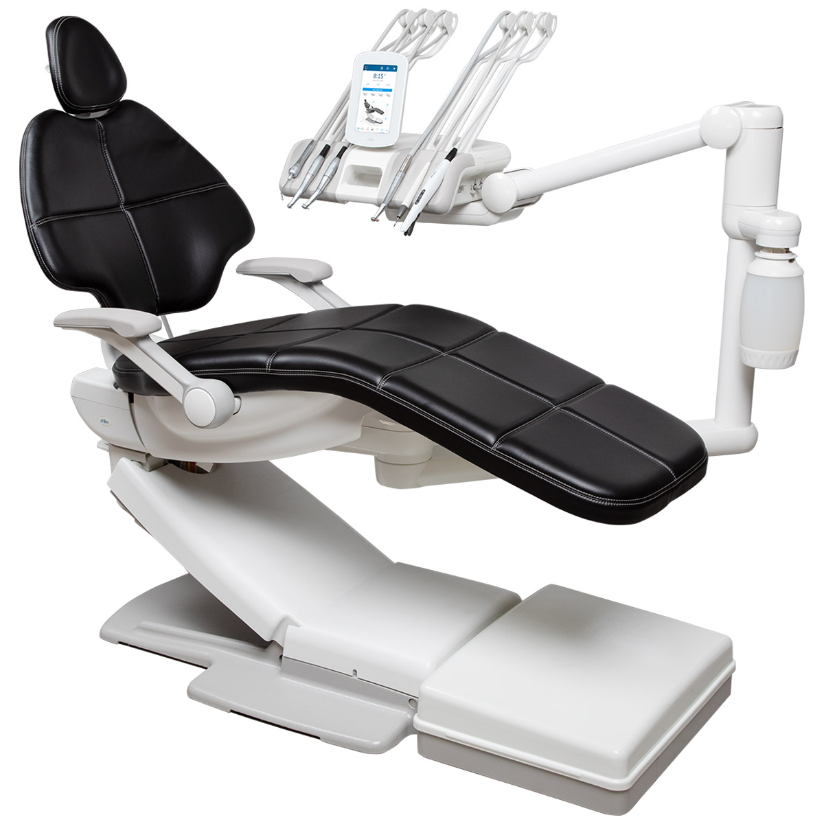 A-dec dental chair with black upholstery, delivery system, and floor box containing the A-dec Maintain waterline system