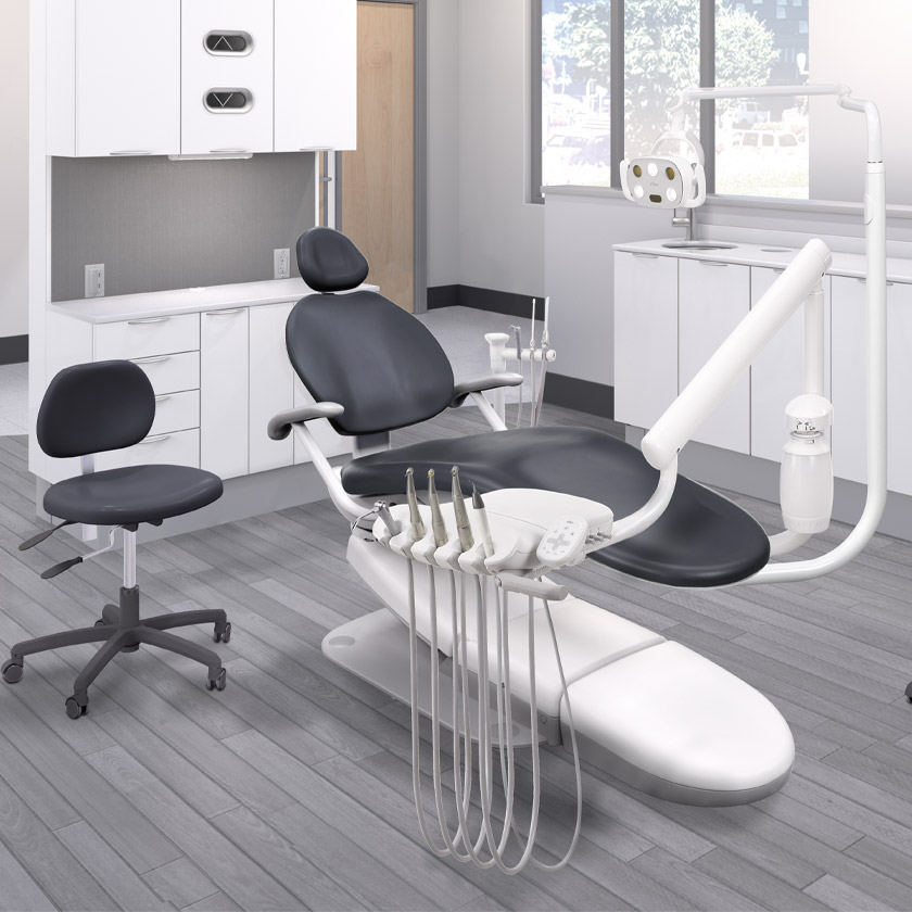 A-dec Performer eVo dental chair in a dental operatory with a delivery system and dental stool