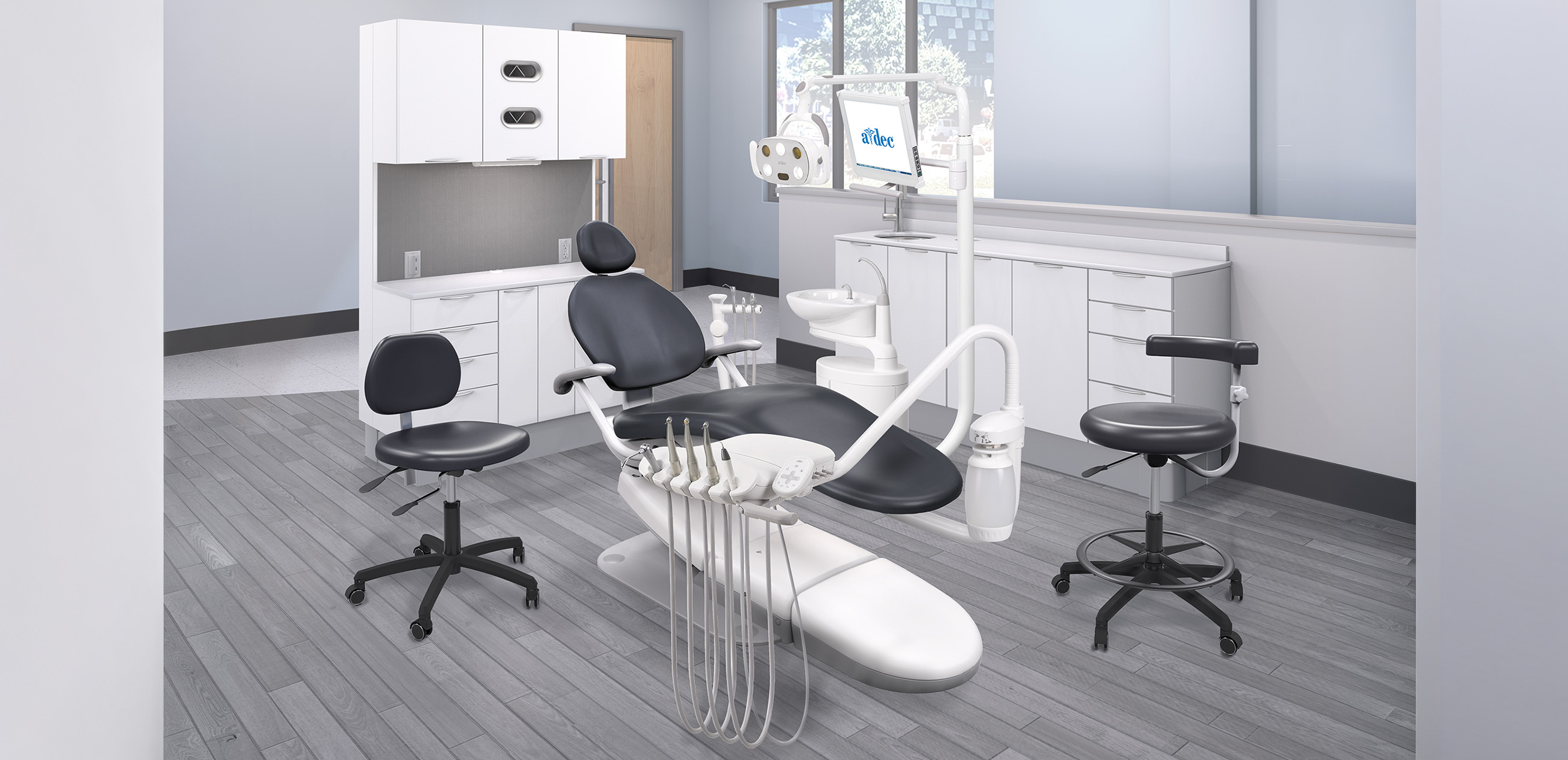 A-dec Performer eVo suite with A-dec Performer eVo dental chair, A-dec Radius delivery system, Performer eVo light, and Performer eVo doctor's and assistant's stool.
