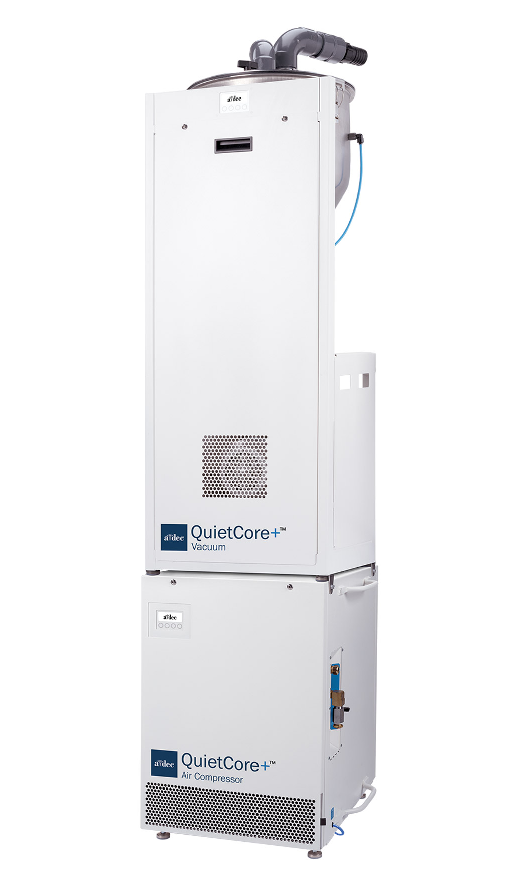 QuietCore+ dry vacuum stacked on top of a QuietCore+ air compressor