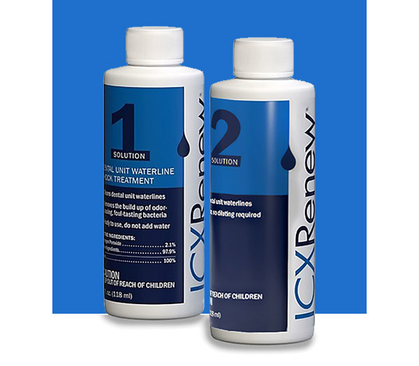 Two bottles of A-dec ICX Renew shock treatment on a blue square