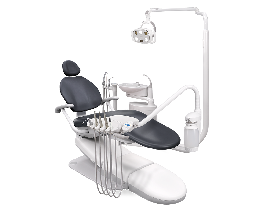 A-dec Performer eVo dental chair with crow formed upholstery, an A-dec Radius delivery system, and A-dec Performer eVo dental light.